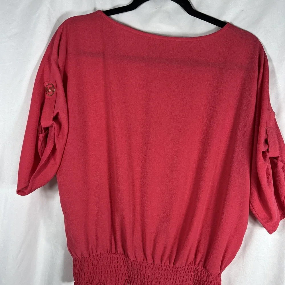 Michael Kors‎ Top Women's Med Rose Scoop Neck Roll Tab Sleeve Sheer Blouse